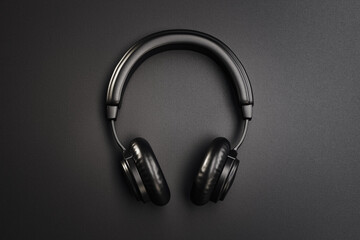 Black headphones on black background, 3D rendering