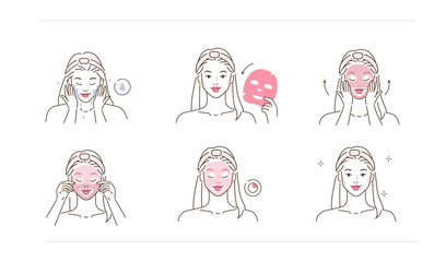 Beauty girl take care of her face and applying facial sheet mask. Woman making skincare procedures. Skin care routine, hygiene and moisturizing. Flat line vector illustration and icons set.