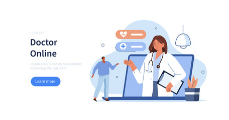 Character having video consultation with doctor online on laptop. Modern health care services and online medicine concept. Flat cartoon vector illustration.