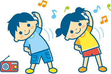 ラジオ体操するこどものイラスト＿ライン有ネイビー