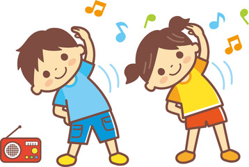 ラジオ体操するこどものイラスト＿ライン有ブラウン