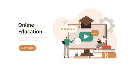 People characters self studying online in internet educational platform. Student talking with teacher. Distance learning and online education concept. Flat cartoon vector illustration.
