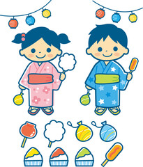 夏祭りの子供のイラスト＿ライン有ネイビー