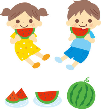 スイカを食べるこどものイラスト