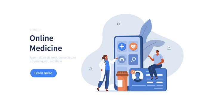 Doctor and patient using mobile app and presenting health insurance, online pharmacy and other medical service. Telemedicine concept. Flat cartoon vector illustration. 