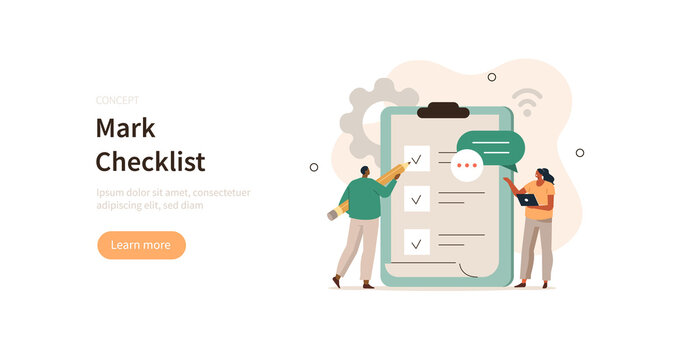 People characters holding pencil and filling big checklist. Man putting check mark on checklist in survey form. Business organization and planning concept. Flat cartoon vector illustration.