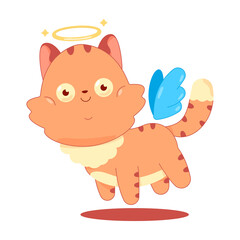 Cute cat with angel wings and halo vector cartoon character isolated on a white background.