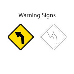 Curve left sign of roadway splits 2 style, Yellow vector illustration and hand drawing on white background.