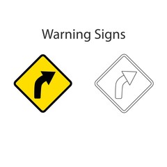 Curve right sign of roadway splits 2 style, Yellow vector illustration and hand drawing on white background.