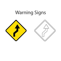 Right bend ahead traffic sign vector 2 style, Yellow vector illustration and hand drawing on white background.