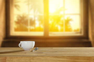 Wooden desk of free space and window background 