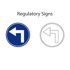 White turn left sign on blue circle. Vector illustration and hand drawing on white background.
