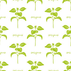 Seamless pattern with oregano. Colorful paper cut culinary herbs isolated on white background. Doodle hand drawn vector illustration	