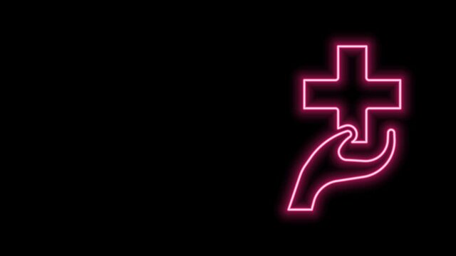 Glowing neon line Heart with a cross icon isolated on black background. First aid. Healthcare, medical and pharmacy sign. 4K Video motion graphic animation