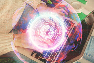 Double exposure of woman hands typing on computer and technology theme drawing. High Tech concept.