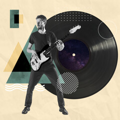 Contemporary art collage. Inspiration, idea, trendy urban magazine style. Young man playing guitar isolated over black vinyl plate background. Music, dance party concept