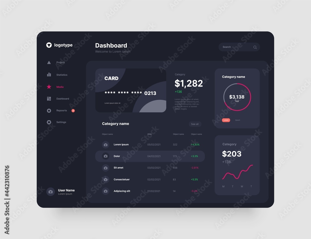 Poster dashboard design in dark colors. app interface with ui and ux elements. use design for web applicati