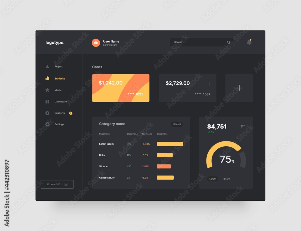 Fototapete Dashboard design in dark colors. App interface with UI and UX elements. Use design for web application, desktop or mobile app.