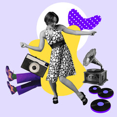 Modern design, contemporary art collage. Inspiration, idea, trendy urban magazine style. Woman dancing among vintage music objects on multicolored background