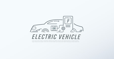 Obraz premium Minimal EV Electric vehicle outline banner web icon for futuristic technology, Hybrid Electric, Battery Electric vehicle, Fuel Cell automobile and power supply.