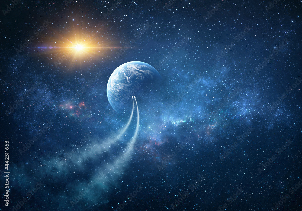 Wall mural spaceships traveling into deep space, exploring universe, stars constellations and nebulas. comets i