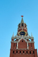 Moscow, Russia - 06.24.2021: Spasskaya tower of Moscow Kremlin with historical Kuranty clock