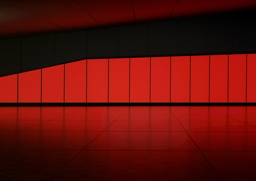 The empty red scene with glass frame With Reflection on floor