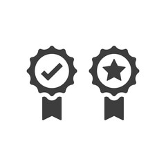 Award badge with checkmark and star vector icon. Quality ribbon medal black symbol.