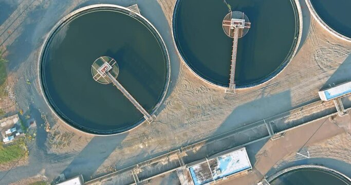 Aerial top view recirculation sedimentation tank, water treatment plant