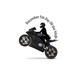 December 5th, Day of the Ninja. Sexy girl in a black latex suit and helmet on a sports motorcycle. Inscription and white background © GAlexS