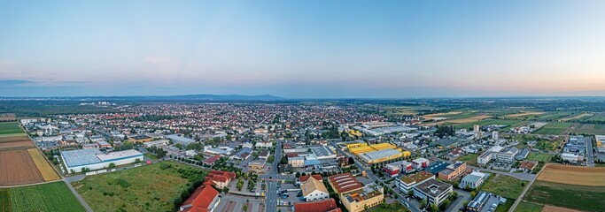 Drone panorama over German village Griesheim near Darmstadt in southern Hesse in the evening