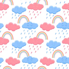Fotobehang Seamless pattern with rainbows and clouds, vector illustration. Clouds with rain and multicolored rainbows, childish cute background. Template for wallpaper, paper and packaging. © Татьяна Клименкова