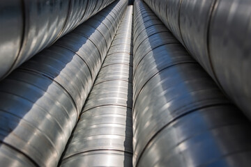 Ventilation pipe warehouse. Steel pipes, parts for the construction of air ducts for an industrial...