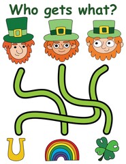 Who gets what? Irish-themed maze game for preschool kids vector illustration. Educational maze game with three leprechauns and horseshoe, rainbow, clover. Traditional Ireland holiday activity page