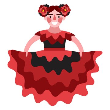 Happy flamenco dancer girl in traditional dress vector illustration. A stylized modern person dancing flamenco with flowers in hair and red bata de cola dress isolated on white