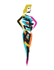 A woman wears a multicolored outfit and adopts a fashion model pose.