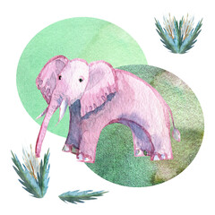 A pink elephant is eating grass in clearing summer day. Manual drawing with a brush with watercolor paints. World Elephant Protection Day.
