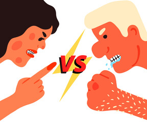 Conflict in a couple of men and women shouting at each other. Family quarrel, fight, anger. The concept of confrontation and aggression in a pair. Vector illustration, versus in cartoon style