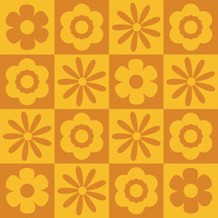 Vet, geel en oranje naadloos vectorpatroon. Op de jaren 70 geïnspireerd ontwerp met geometrische betegelde bloemen. Jaren zeventig stijl, retro, vintage, abstracte bloemen achtergrond behang textuur grafische kunst print.