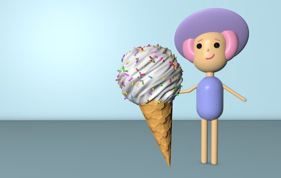 3D render of the character. Abstract cartoon character girl in a hat holding a big ice cream. Illustration with place for text. Summer concept.