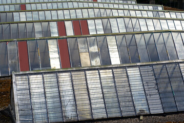 Fototapeta premium Close-up of roof windows of an old fabrication building at City of Zurich at summertime. Photo taken June 28th, 2021, Zurich, Switzerland.