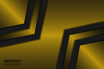 Black and yellow arrow shapes on a gold hexagonal carbon fiber texture. Geometric shapes on a hexagonal gold grid.