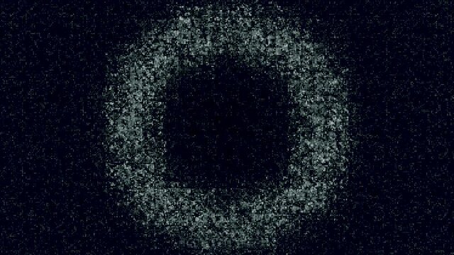 Widening circular soffit light rings on colorful grid with particles, seamless loop. Animation. Field of tiny particles with radial circles.
