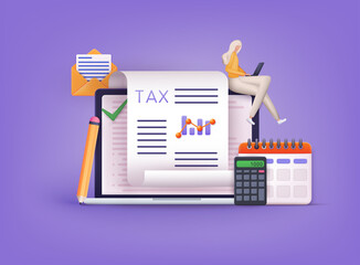 Online Tax payment. Filling tax form. Calendar show Tax Payment Date. Accounting and Financial Management Concept. 3D Web Vector Illustrations. - obrazy, fototapety, plakaty