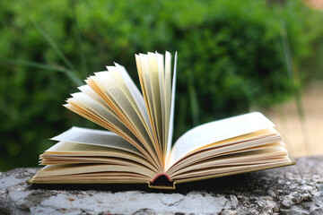 Open book in a garden. Selective focus.
