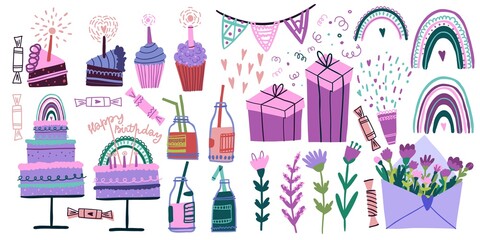 big set for celebration with birthday cakes, drink bottles, flags, candies, flowers, gifts, cake pieces and cupcakes. flat colorful illustration isolated on white background.