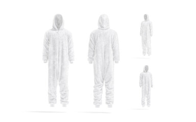 Blank white plush jumpsuit with hood mockup, different views