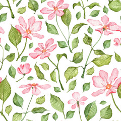 Seamless pattern with watercolor pink flowers and green leaves
