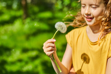 Adorable little girl blowing on a dandelion on a sunny summer day