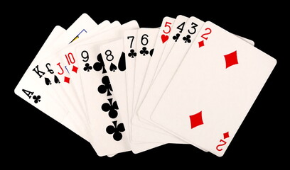 Fototapeta premium Classic playing cards for poker and gambling, isolated on black background, clipping path